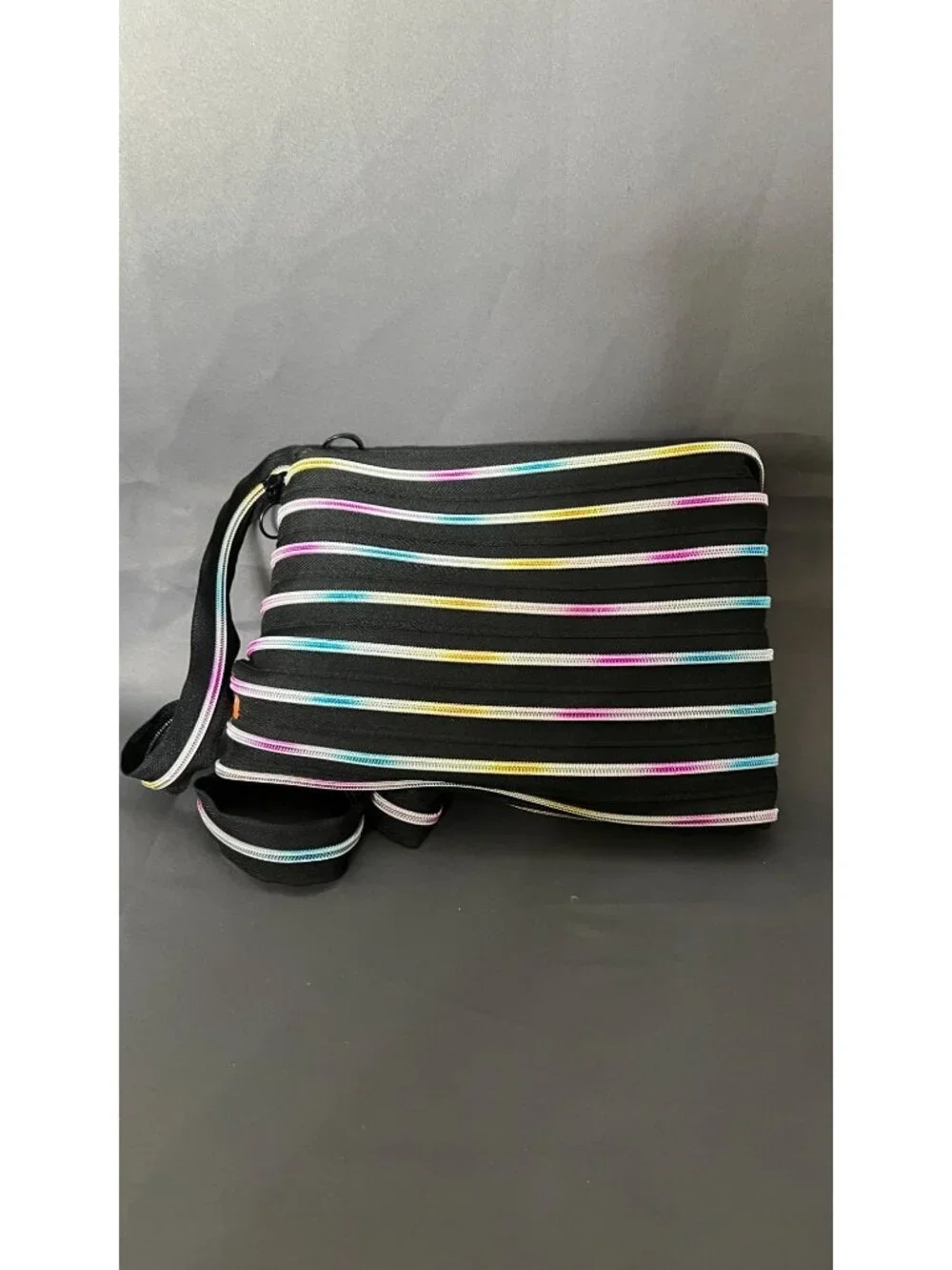 Zipit Black Shoulder Bag With Multi-Color Zipper Stripes And Adjustable Strap - Picture 3 of 3